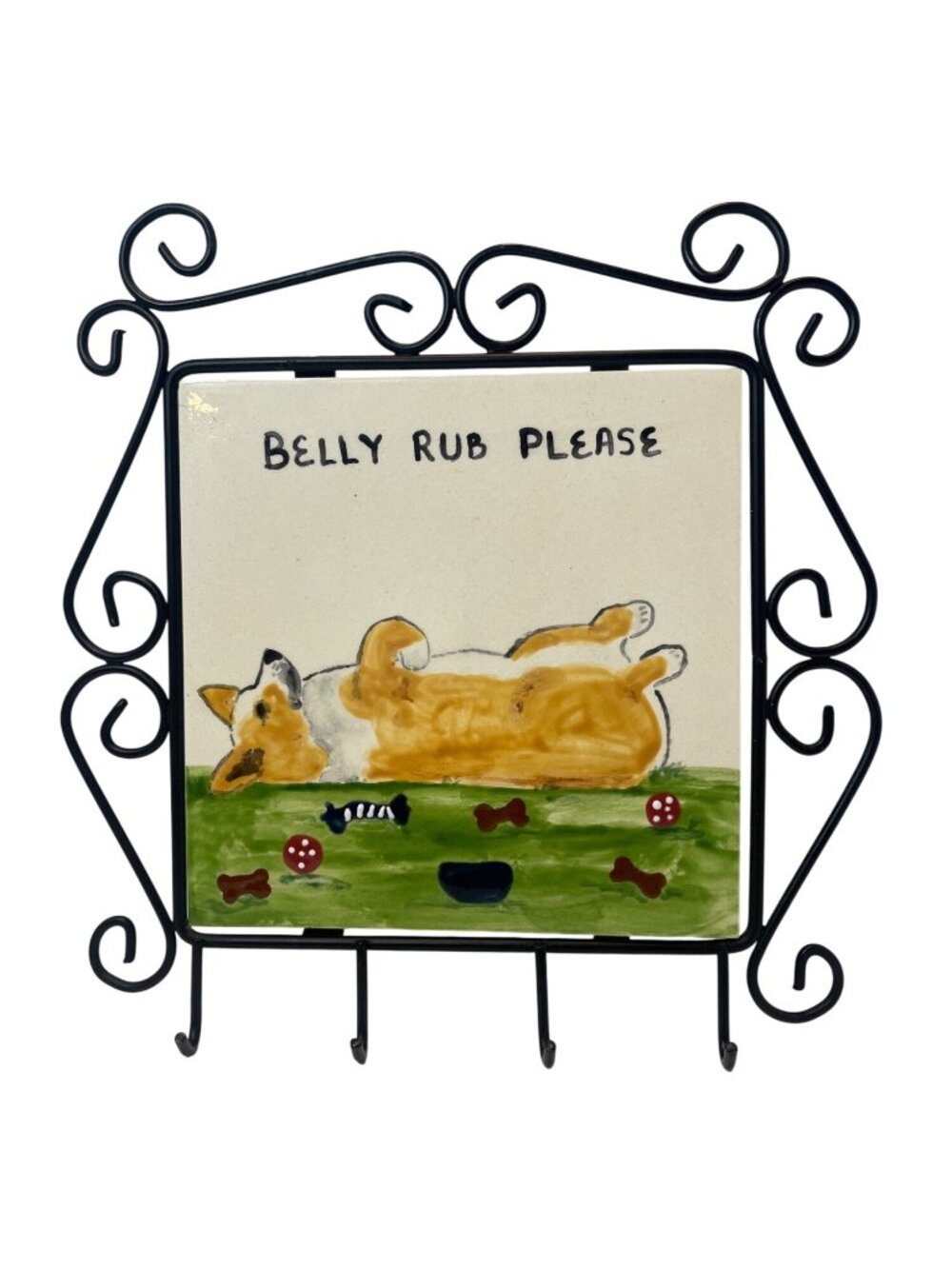 Corgi "Belly Rub Please" Hand-Painted Ceramic Tile With Black Iron hooks 9 x9 D